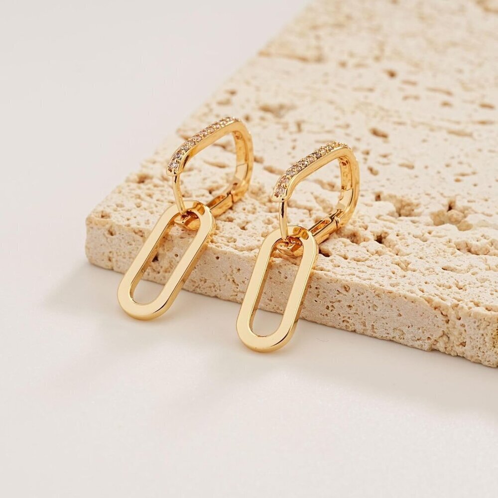 18K Gold Plated Paperclip Earrings for Women Convertible Dangle Hoops - Picture 7 of 9